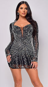Dion Black Rhinestone Pearl Mini Dress